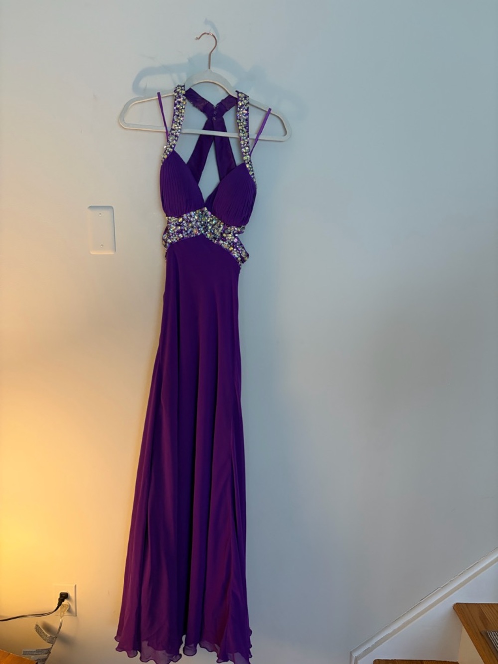 Faviana Purple Beaded Crystal Prom Gown Size 6 Open Back Formal Dress